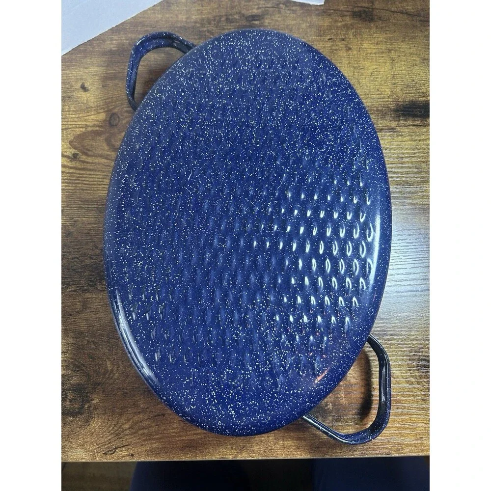 Vintage Blue Speckled Enamel Roasting Pan 14x9.5 Oval w/ Handles Bakeware